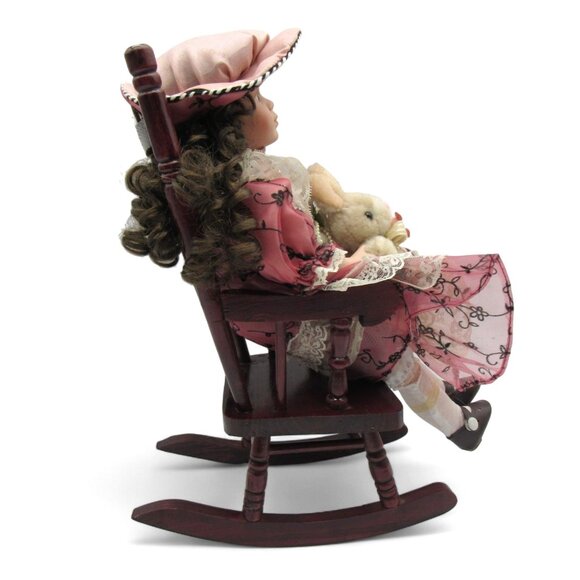 DOLL in Wooden Rocking CHAIR With Pink Dress And Bunny 14" Tall - Picture 3 of 14